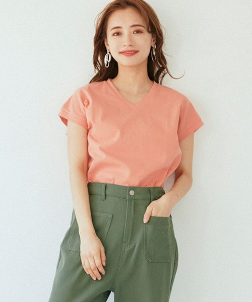 coca(coca)(コカ)の「\新色登場/フレンチスリーブVネックTシャツ COTTON from the US(Tシャツ/カットソー・レディース・ホワイト/ブラック/ベージュ/カーキ/オレンジ/ライトグリーン/キャメル/ネイビー/ダークグリーン/レッド/ライトブルー/チャコール/マスタード/ブラウン・M/L/XL)」の14枚目の写真