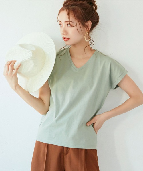 coca(coca)(コカ)の「\新色登場/フレンチスリーブVネックTシャツ COTTON from the US(Tシャツ/カットソー・レディース・ホワイト/ブラック/ベージュ/カーキ/オレンジ/ライトグリーン/キャメル/ネイビー/ダークグリーン/レッド/ライトブルー/チャコール/マスタード/ブラウン・M/L/XL)」の9枚目の写真