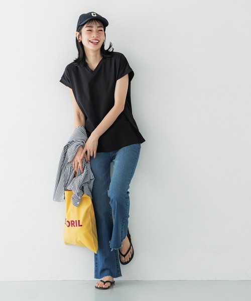 cloth＆cross コーヒーTシャツ　Ｖネック　フレンチスリーブ　白 きれいめ派に]フレンチスリーブ ロゴTシャツ/接触冷感/洗える