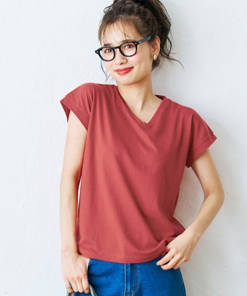セール】＼新色登場／フレンチスリーブVネックTシャツ COTTON