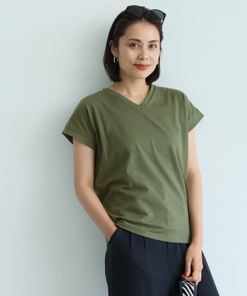 coca(coca)(コカ)の「\新色登場/フレンチスリーブVネックTシャツ COTTON from the US(Tシャツ/カットソー・レディース・ホワイト/ブラック/ベージュ/カーキ/オレンジ/ライトグリーン/キャメル/ネイビー/ダークグリーン/レッド/ライトブルー/チャコール/マスタード/ブラウン・M/L/XL)」の19枚目の写真