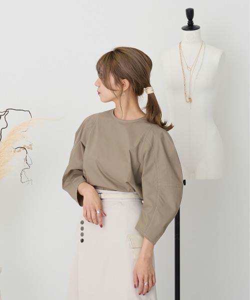 kicuri(キクリ)の「【低身長向けXSサイズ有】コットン100/コクーンスリーブステッチブラウス(シャツ/ブラウス・レディース・モカ/オフホワイト・SMALL/X-SMALL)」の15枚目の写真