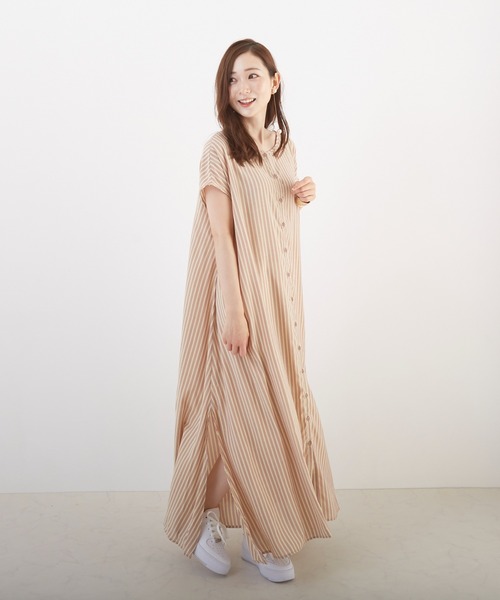 Wefst(ウェスト)の「【Wefst】先染めストライプ2wayワンピース(Tシャツ/カットソー・レディース・グリーン/ライトブルー/ピンク/オレンジ・FREE)」の4枚目の写真