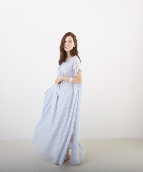 Wefst(ウェスト)の「【Wefst】先染めストライプ2wayワンピース(Tシャツ/カットソー・レディース・グリーン/ライトブルー/ピンク/オレンジ・FREE)」の3枚目の写真