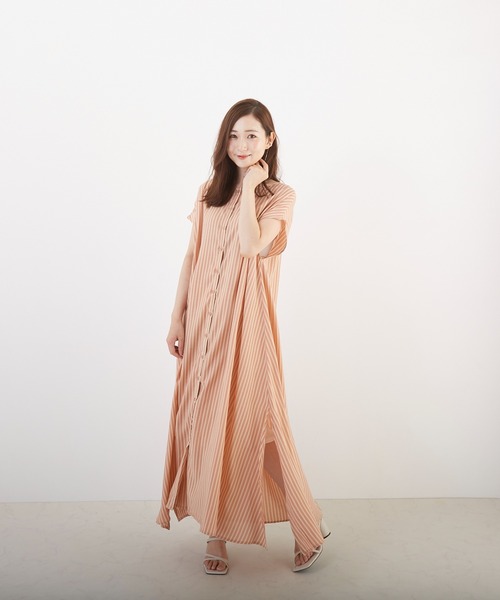 Wefst(ウェスト)の「【Wefst】先染めストライプ2wayワンピース(Tシャツ/カットソー・レディース・グリーン/ライトブルー/ピンク/オレンジ・FREE)」の5枚目の写真