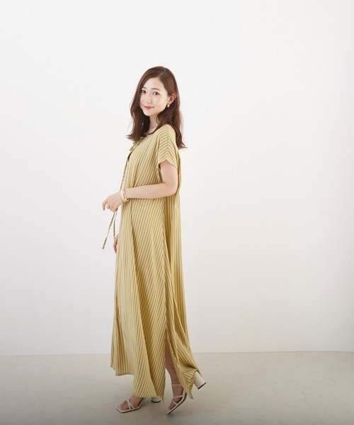 Wefst(ウェスト)の「【Wefst】先染めストライプ2wayワンピース(Tシャツ/カットソー・レディース・グリーン/ライトブルー/ピンク/オレンジ・FREE)」の7枚目の写真