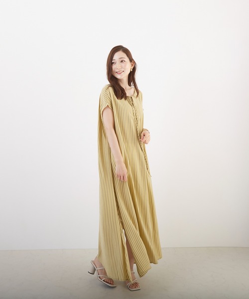 Wefst(ウェスト)の「【Wefst】先染めストライプ2wayワンピース(Tシャツ/カットソー・レディース・グリーン/ライトブルー/ピンク/オレンジ・FREE)」の8枚目の写真