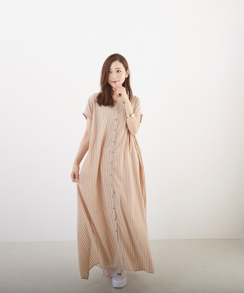 Wefst(ウェスト)の「【Wefst】先染めストライプ2wayワンピース(Tシャツ/カットソー・レディース・グリーン/ライトブルー/ピンク/オレンジ・FREE)」の12枚目の写真