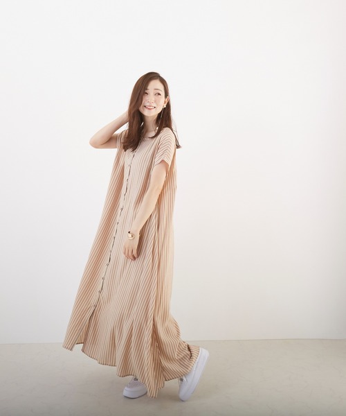 Wefst(ウェスト)の「【Wefst】先染めストライプ2wayワンピース(Tシャツ/カットソー・レディース・グリーン/ライトブルー/ピンク/オレンジ・FREE)」の13枚目の写真