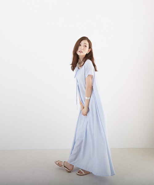 Wefst(ウェスト)の「【Wefst】先染めストライプ2wayワンピース(Tシャツ/カットソー・レディース・グリーン/ライトブルー/ピンク/オレンジ・FREE)」の18枚目の写真