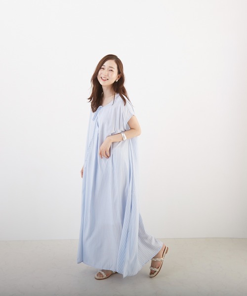 Wefst(ウェスト)の「【Wefst】先染めストライプ2wayワンピース(Tシャツ/カットソー・レディース・グリーン/ライトブルー/ピンク/オレンジ・FREE)」の19枚目の写真