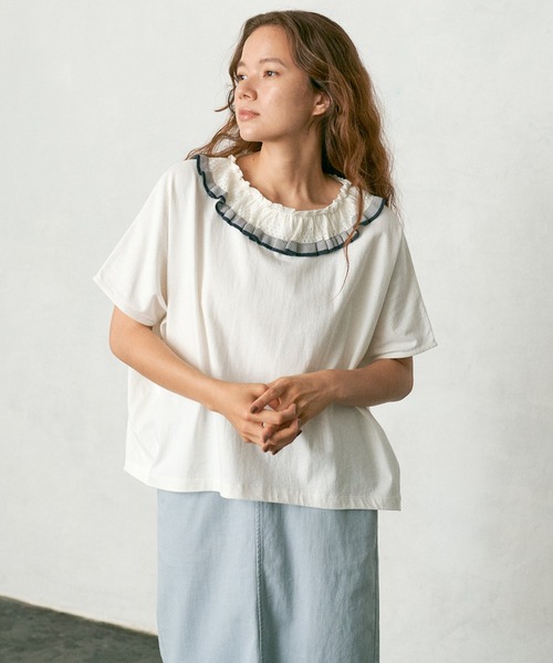 PUAL CE CIN(ピュアルセシン)の「襟ニットリブプルオーバー/Tシャツ(Tシャツ/カットソー・レディース・ホワイト/チャコールグレー/ナチュラル・FREE)」の4枚目の写真