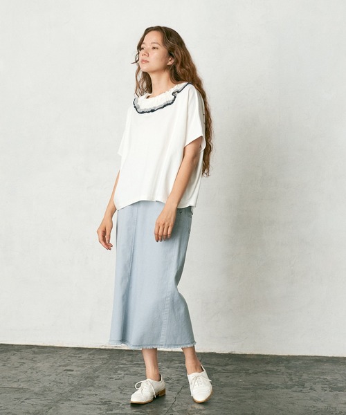 PUAL CE CIN(ピュアルセシン)の「襟ニットリブプルオーバー/Tシャツ(Tシャツ/カットソー・レディース・ホワイト/チャコールグレー/ナチュラル・FREE)」の7枚目の写真