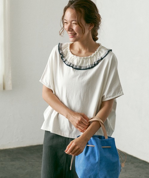 PUAL CE CIN(ピュアルセシン)の「襟ニットリブプルオーバー/Tシャツ(Tシャツ/カットソー・レディース・ホワイト/チャコールグレー/ナチュラル・FREE)」の13枚目の写真