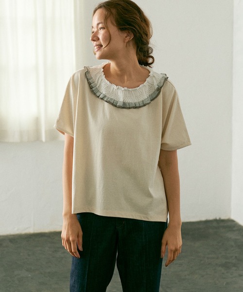 PUAL CE CIN(ピュアルセシン)の「襟ニットリブプルオーバー/Tシャツ(Tシャツ/カットソー・レディース・ホワイト/チャコールグレー/ナチュラル・FREE)」の15枚目の写真