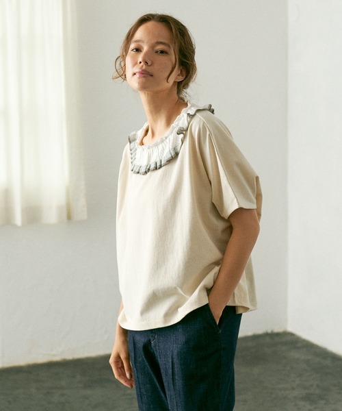 PUAL CE CIN(ピュアルセシン)の「襟ニットリブプルオーバー/Tシャツ(Tシャツ/カットソー・レディース・ホワイト/チャコールグレー/ナチュラル・FREE)」の17枚目の写真
