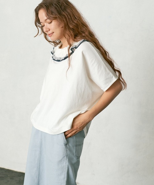 PUAL CE CIN(ピュアルセシン)の「襟ニットリブプルオーバー/Tシャツ(Tシャツ/カットソー・レディース・ホワイト/チャコールグレー/ナチュラル・FREE)」の11枚目の写真