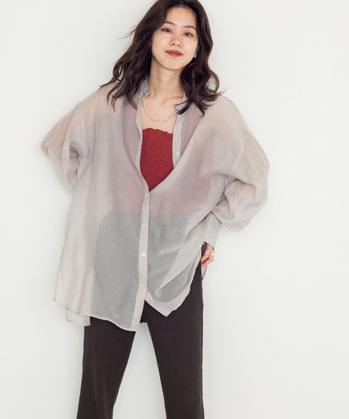 w closet（ダブルクローゼット）の「シアーバンドカラーBIGシャツ（シャツ/ブラウス・レディース・ダークグリーン/ブラウン/ライトベージュ/コーラルピンク/グレー系その他・FREE）」の14枚目の写真