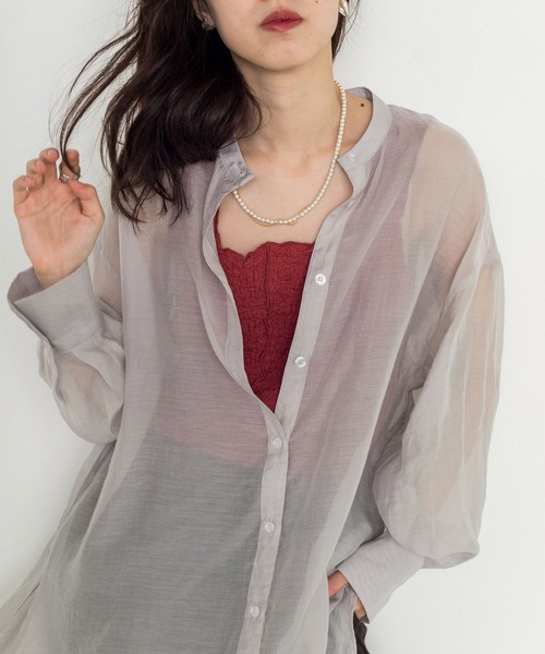 w closet（ダブルクローゼット）の「シアーバンドカラーBIGシャツ（シャツ/ブラウス・レディース・ダークグリーン/ブラウン/ライトベージュ/コーラルピンク/グレー系その他・FREE）」の15枚目の写真