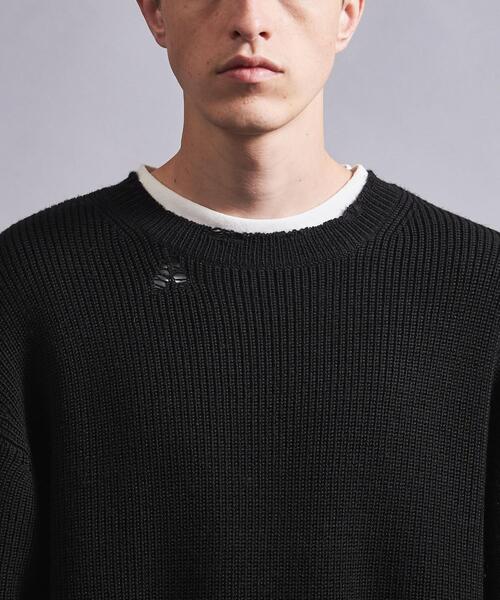 MONKEY TIME（モンキータイム）の「＜monkey time＞ W/AC AZE DSTRDS CN/ニット（ニット/セーター・メンズ・ブラック/ナチュラル・S/M/L/XL）」の5枚目の写真