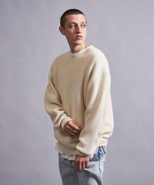 MONKEY TIME（モンキータイム）の「＜monkey time＞ W/AC AZE DSTRDS CN/ニット（ニット/セーター・メンズ・ブラック/ナチュラル・S/M/L/XL）」の4枚目の写真