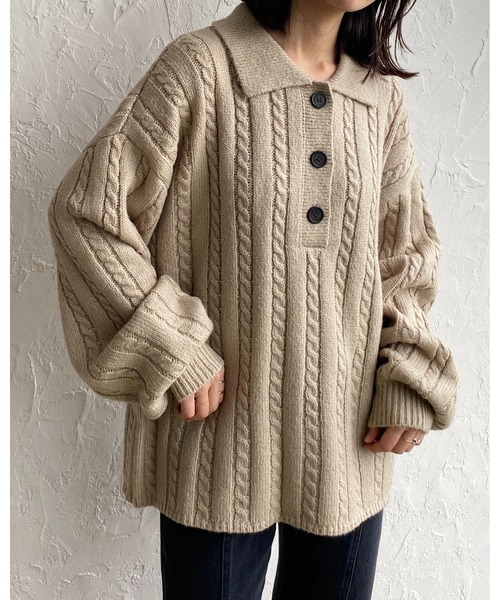 She's Closet(シーズクローゼット)の「ケーブルアラン編み襟付きヘンリーネックポロニットプルオーバー(ニット/セーター・レディース・ブルー/グリーン/ライトベージュ/チャコール・FREE)」の6枚目の写真