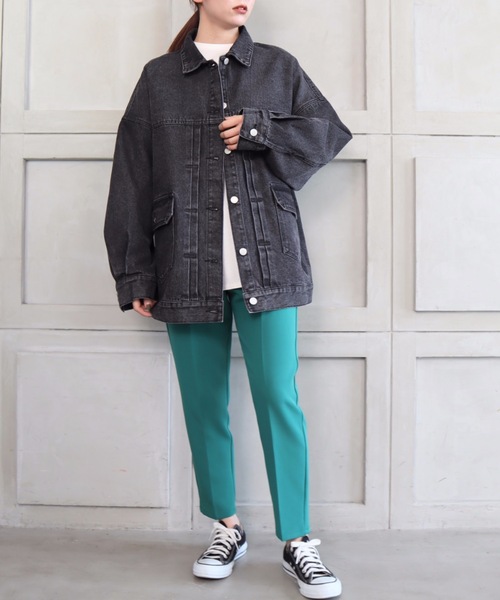 moment+（モーメントプラス）の「ラフサイズデニムジャケット（デニムジャケット・レディース・ブラック/サックスブルー/インディゴブルー・FREE）」の9枚目の写真