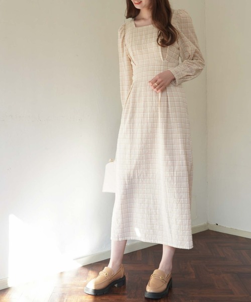 archives（アルシーヴ）の「バックレースＵＰチェックサッカーワンピース（ワンピース・レディース・ブラック/ベージュ/グリーン・MEDIUM）」の2枚目の写真