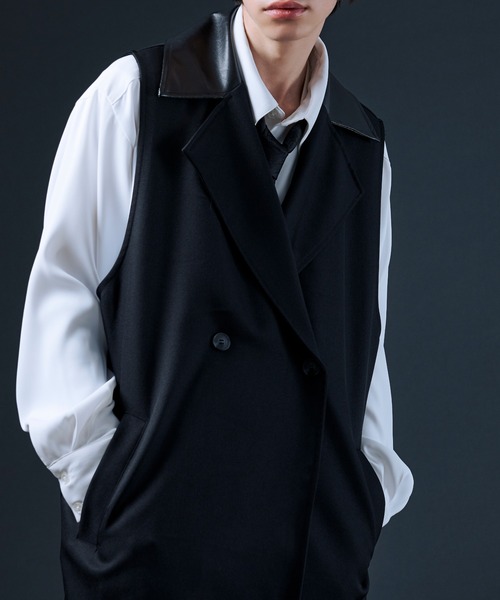 Ellno Loset(エルノロゼット)の「ビーガンレザー切り替えロングジレ(ベスト・メンズ・ブラック・MEDIUM/LARGE)」の11枚目の写真