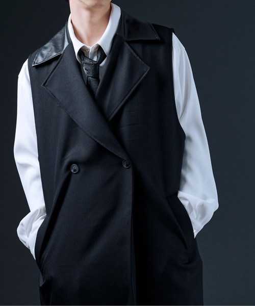 Ellno Loset(エルノロゼット)の「ビーガンレザー切り替えロングジレ(ベスト・メンズ・ブラック・MEDIUM/LARGE)」の16枚目の写真