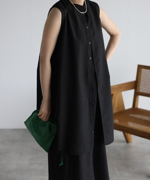 r.(アールドット)の「スラブジョーゼット レイヤード風ワンピース(シャツワンピース・レディース・ホワイト/ブラック/グリーン/レンガ・FREE)」の6枚目の写真