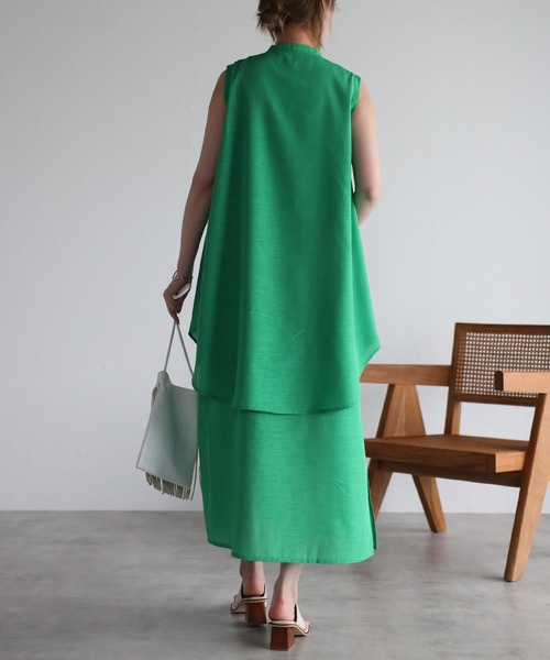 r.(アールドット)の「スラブジョーゼット レイヤード風ワンピース(シャツワンピース・レディース・ホワイト/ブラック/グリーン/レンガ・FREE)」の7枚目の写真