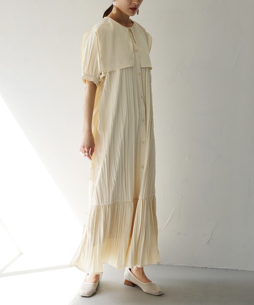 HER CLOSET(ハークローゼット)の「【shemoshelly】クリンクルケープデザインビックカラーワンピース 新色追加(ワンピース・レディース・ブラック/イエロー/アイボリー/パープル/グリーン・M)」の11枚目の写真