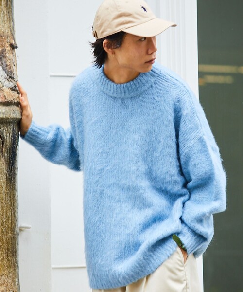 FREAK'S STORE（フリークスストア）の「WEB限定 ビッグシルエット モヘヤタッチ クルーネック シャギーニット/セーター（ニット/セーター・メンズ・ネイビー/グリーン/イエロー/ブラック/オリーブ/サックスブルー/グレー・SMALL/MEDIUM/LARGE）」の10枚目の写真
