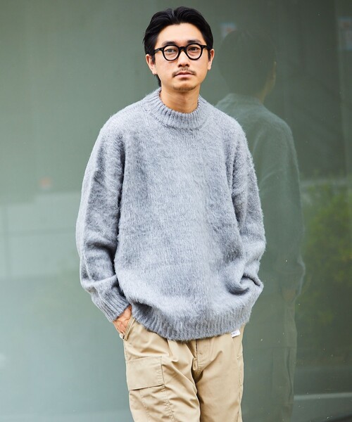 FREAK'S STORE（フリークスストア）の「WEB限定 ビッグシルエット モヘヤタッチ クルーネック シャギーニット/セーター（ニット/セーター・メンズ・ネイビー/グリーン/イエロー/ブラック/オリーブ/サックスブルー/グレー・SMALL/MEDIUM/LARGE）」の13枚目の写真