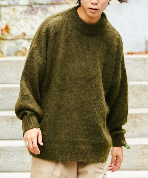 FREAK'S STORE（フリークスストア）の「WEB限定 ビッグシルエット モヘヤタッチ クルーネック シャギーニット/セーター（ニット/セーター・メンズ・ネイビー/グリーン/イエロー/ブラック/オリーブ/サックスブルー/グレー・SMALL/MEDIUM/LARGE）」の20枚目の写真