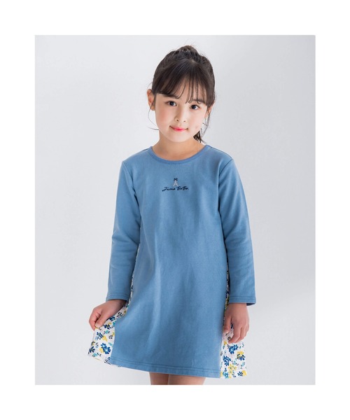 BeBe(ベベ)の「BeBe/ミニウラゲ サイド 切り替え ワンピース (90~150cm)(ワンピース・キッズ・ブルー/グレー・140/120/150/100/90/130/110)」の1枚目の写真