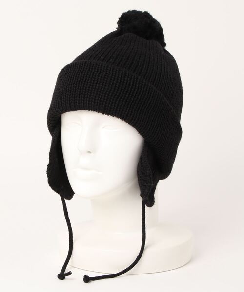 HIGHLAND 2000（ハイランドトゥーサウザンド）の「Solid Bobcap w/ear Cover & Pom Pom & Thin Rope（ニットキャップ/ビーニー・レディース・ブラック/ホワイト/グレー・FREE）」の2枚目の写真