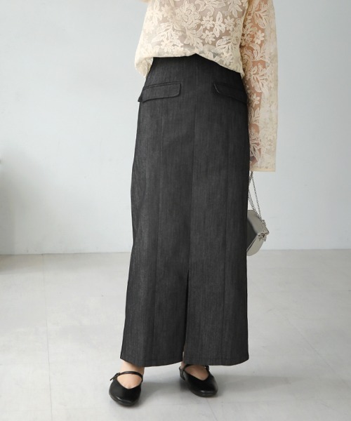 Bab(バブ)の「Iラインスリットデニムスカート(デニムスカート・レディース・グレイッシュベージュ/ブラック/オフホワイト・M)」の14枚目の写真