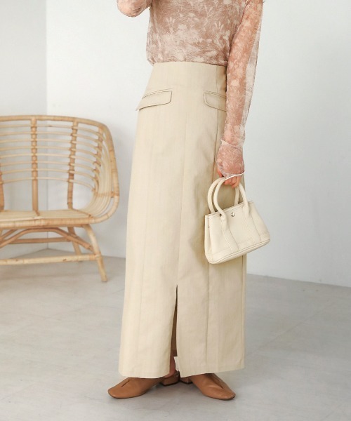 Bab(バブ)の「Iラインスリットデニムスカート(デニムスカート・レディース・グレイッシュベージュ/ブラック/オフホワイト・M)」の19枚目の写真