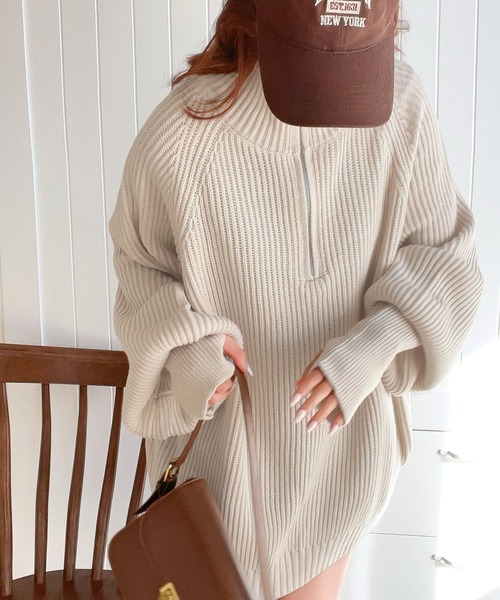 classicalelf（クラシカルエルフ）の「ルーズフィットが叶う！ボリュームスリーブ畦編みハーフジップニット（ニット/セーター・レディース・アイボリー/ブルー/ベージュ/ネイビー・LARGE/MEDIUM/SMALL/X-LARGE）」の7枚目の写真