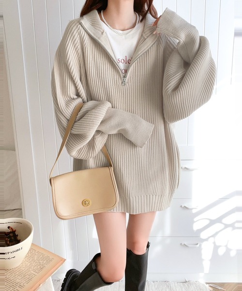 classicalelf（クラシカルエルフ）の「ルーズフィットが叶う！ボリュームスリーブ畦編みハーフジップニット（ニット/セーター・レディース・アイボリー/ブルー/ベージュ/ネイビー・LARGE/MEDIUM/SMALL/X-LARGE）」の9枚目の写真