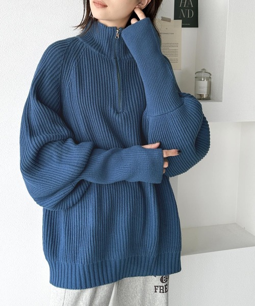 classicalelf（クラシカルエルフ）の「ルーズフィットが叶う！ボリュームスリーブ畦編みハーフジップニット（ニット/セーター・レディース・アイボリー/ブルー/ベージュ/ネイビー・LARGE/MEDIUM/SMALL/X-LARGE）」の5枚目の写真