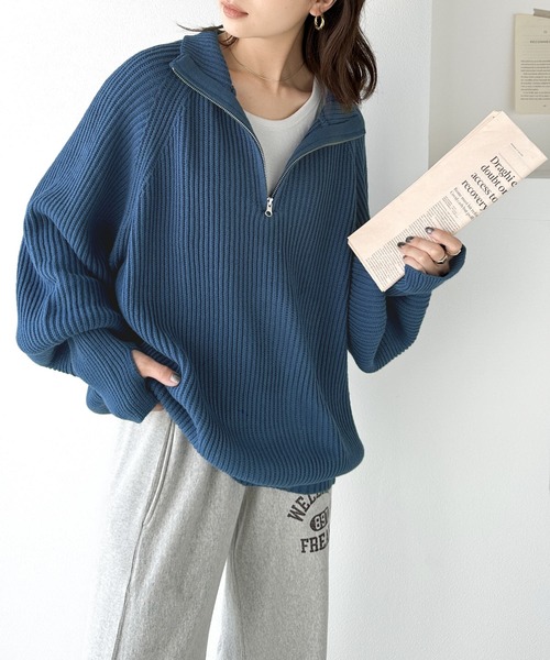 classicalelf（クラシカルエルフ）の「ルーズフィットが叶う！ボリュームスリーブ畦編みハーフジップニット（ニット/セーター・レディース・アイボリー/ブルー/ベージュ/ネイビー・LARGE/MEDIUM/SMALL/X-LARGE）」の6枚目の写真
