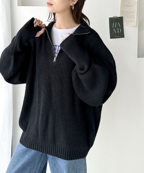 classicalelf（クラシカルエルフ）の「ルーズフィットが叶う！ボリュームスリーブ畦編みハーフジップニット（ニット/セーター・レディース・アイボリー/ブルー/ベージュ/ネイビー・LARGE/MEDIUM/SMALL/X-LARGE）」の13枚目の写真