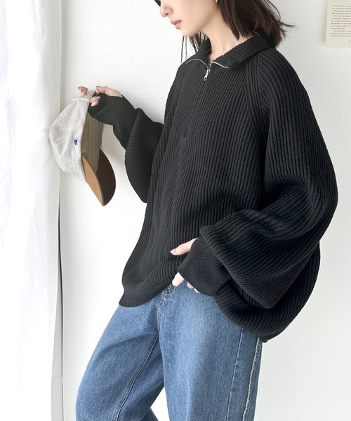 classicalelf（クラシカルエルフ）の「ルーズフィットが叶う！ボリュームスリーブ畦編みハーフジップニット（ニット/セーター・レディース・アイボリー/ブルー/ベージュ/ネイビー・LARGE/MEDIUM/SMALL/X-LARGE）」の14枚目の写真