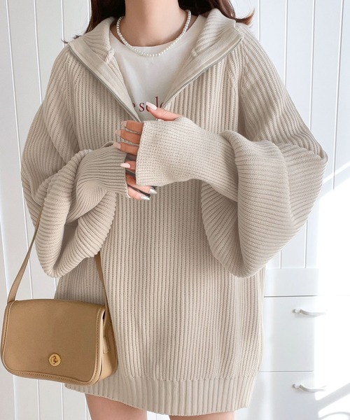 セール】ルーズフィットが叶う！ボリュームスリーブ畦編みハーフジップ