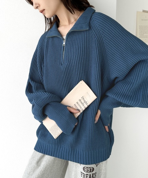 classicalelf（クラシカルエルフ）の「ルーズフィットが叶う！ボリュームスリーブ畦編みハーフジップニット（ニット/セーター・レディース・アイボリー/ブルー/ベージュ/ネイビー・LARGE/MEDIUM/SMALL/X-LARGE）」の19枚目の写真