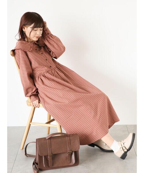 ehka sopo(エヘカソポ)の「ビッグ襟チェックワンピース(ワンピース・レディース・ブラウン/レッド/グリーン・F)」の5枚目の写真