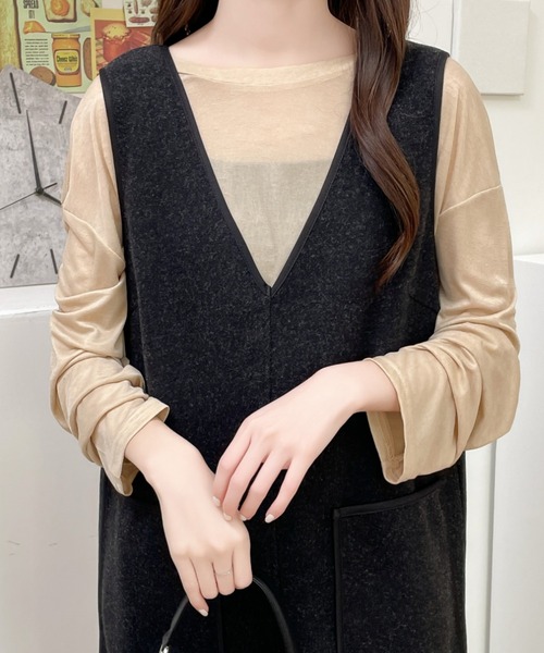 ABITOKYO(アビトーキョー)の「シアークルーネックトップス(Tシャツ/カットソー・レディース・ホワイト/ブラック/ベージュ・M/L/XL)」の1枚目の写真